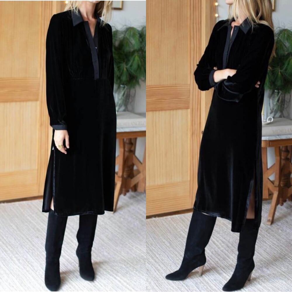 Emerson Fry Dress Womens Medium Black Velvet 40s Midi Classic Sophisticated Slit